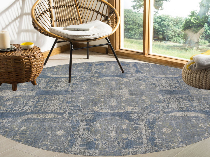 8'1" x 8'1" New Hand Knotted Blue Wool & Pure Silk Round Oriental Rug - MOA10259000