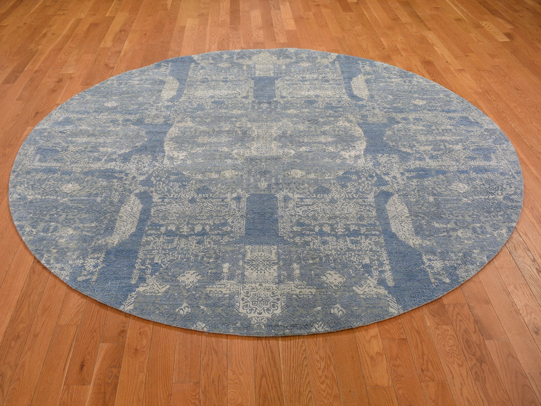 8'1" x 8'1" New Hand Knotted Blue Wool & Pure Silk Round Oriental Rug - MOA10259000
