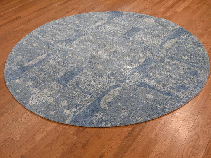 8'1" x 8'1" New Hand Knotted Blue Wool & Pure Silk Round Oriental Rug - MOA10259000
