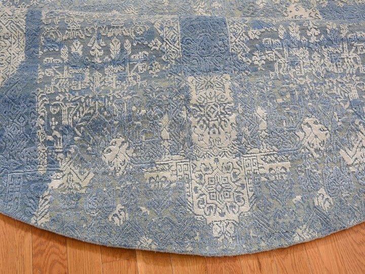 8'1" x 8'1" New Hand Knotted Blue Wool & Pure Silk Round Oriental Rug - MOA10259000