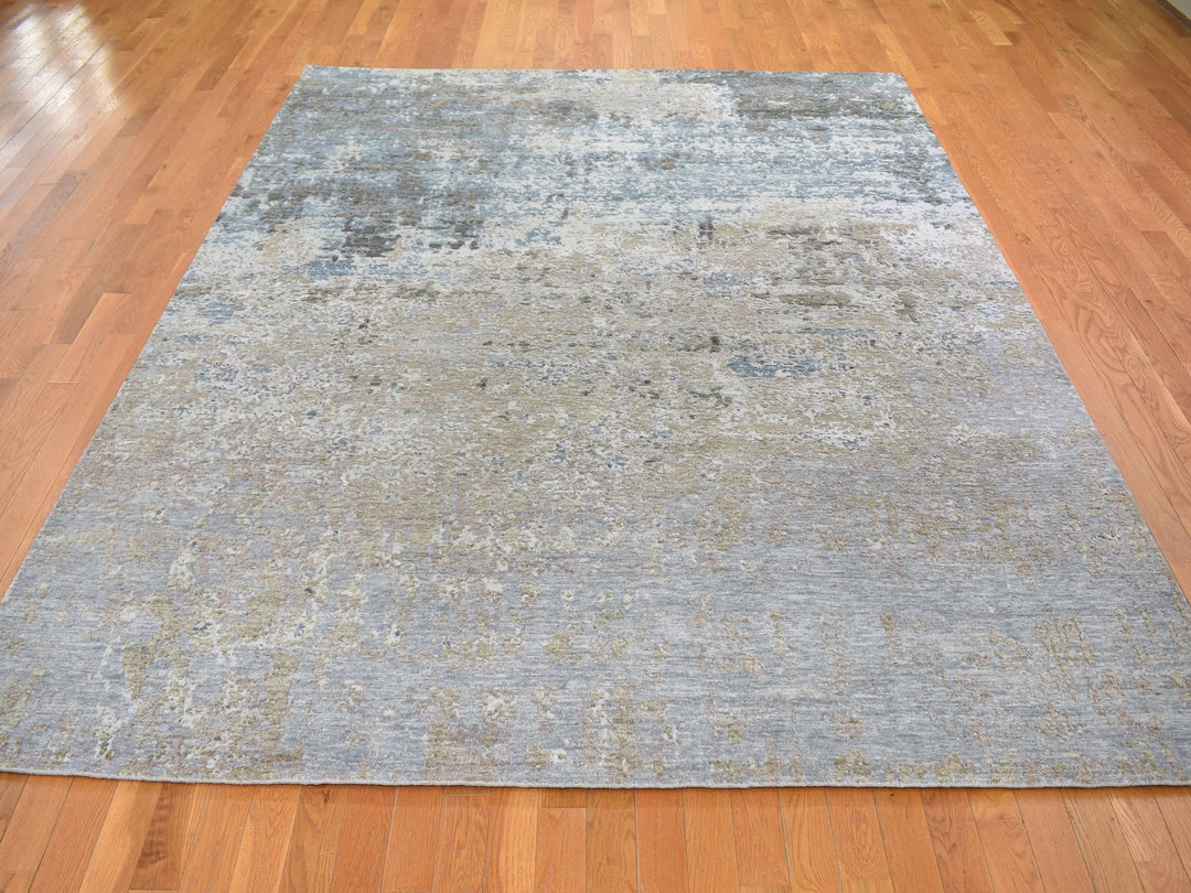8'0" x 9'10" New Hand Knotted Grey Wool & Silk Rectangle Oriental Rug - MOA10259042