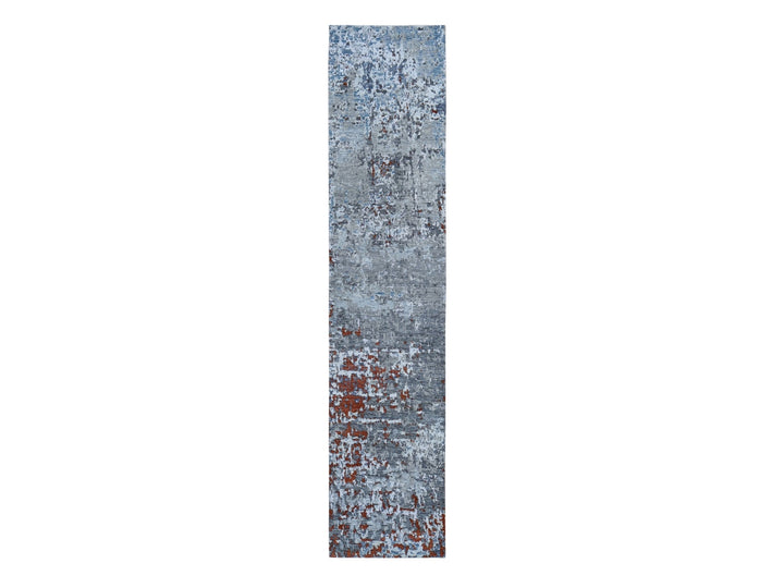 2'5" x 12'0" New Hand Knotted Grey Wool & Silk Runner Oriental Rug - MOA10259043