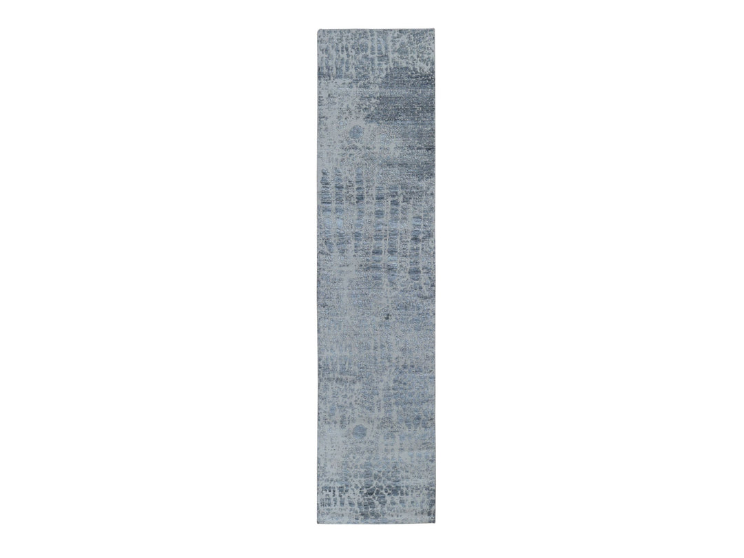 2'5" x 10'1" New Hand Knotted Grey Wool & Silk Runner Oriental Rug - MOA10259080