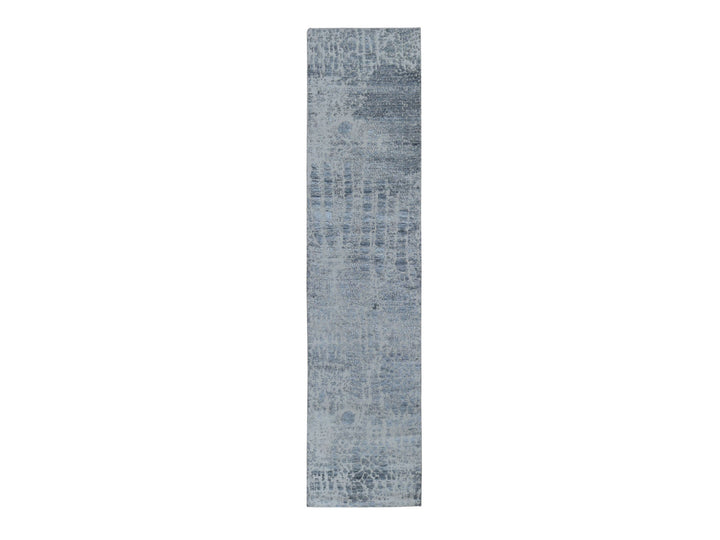 2'5" x 10'1" New Hand Knotted Grey Wool & Silk Runner Oriental Rug - MOA10259080
