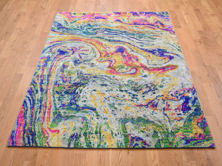 4'9" x 6'7" New Hand Knotted Yellow Wool & Sari Silk Rectangle Oriental Rug - MOA10259151