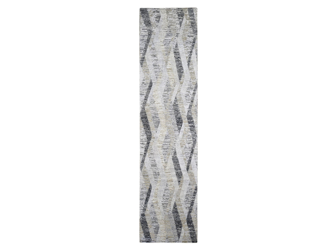 3'0" x 12'0" New Hand Knotted Grey Wool & Silk Runner Oriental Rug - MOA10259162
