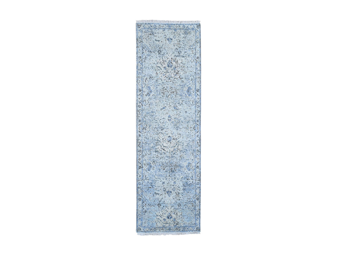 2'5" x 8'0" New Hand Knotted Blue Wool & Silk Runner Oriental Rug - MOA10259171