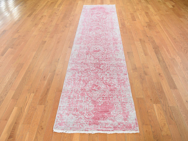 2'8" x 11'10" New Hand Knotted Pink Wool & Silk Runner Oriental Rug - MOA10259204