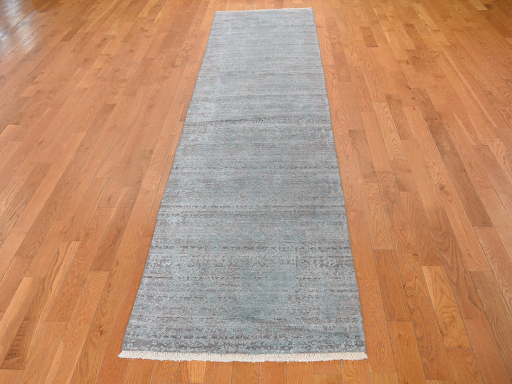 2'8" x 11'9" New Hand Knotted Blue Wool & Silk Runner Oriental Rug - MOA10259218