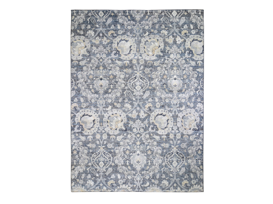 8'10" x 12'2" New Hand Knotted Blue Wool & Sari Silk Rectangle Oriental Rug - MOA10259222