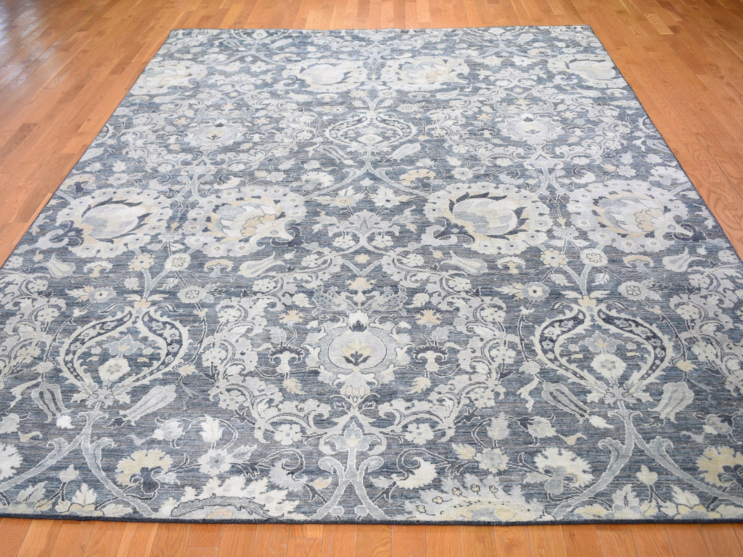 8'10" x 12'2" New Hand Knotted Blue Wool & Sari Silk Rectangle Oriental Rug - MOA10259222