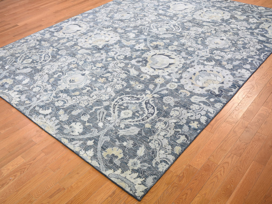 8'10" x 12'2" New Hand Knotted Blue Wool & Sari Silk Rectangle Oriental Rug - MOA10259222