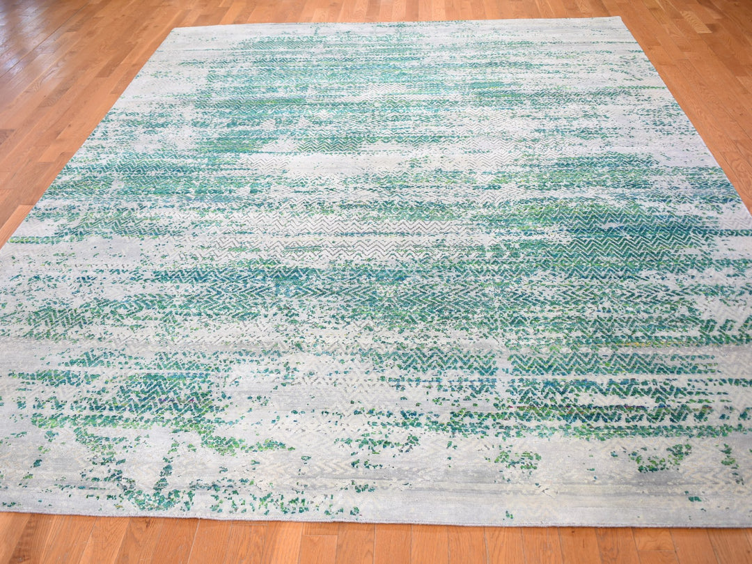 8'10" x 12'0" New Hand Knotted Ivory Wool & Sari Silk Rectangle Oriental Rug - MOA10259224