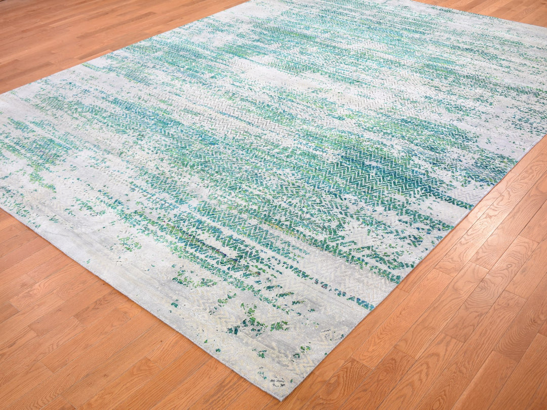 8'10" x 12'0" New Hand Knotted Ivory Wool & Sari Silk Rectangle Oriental Rug - MOA10259224