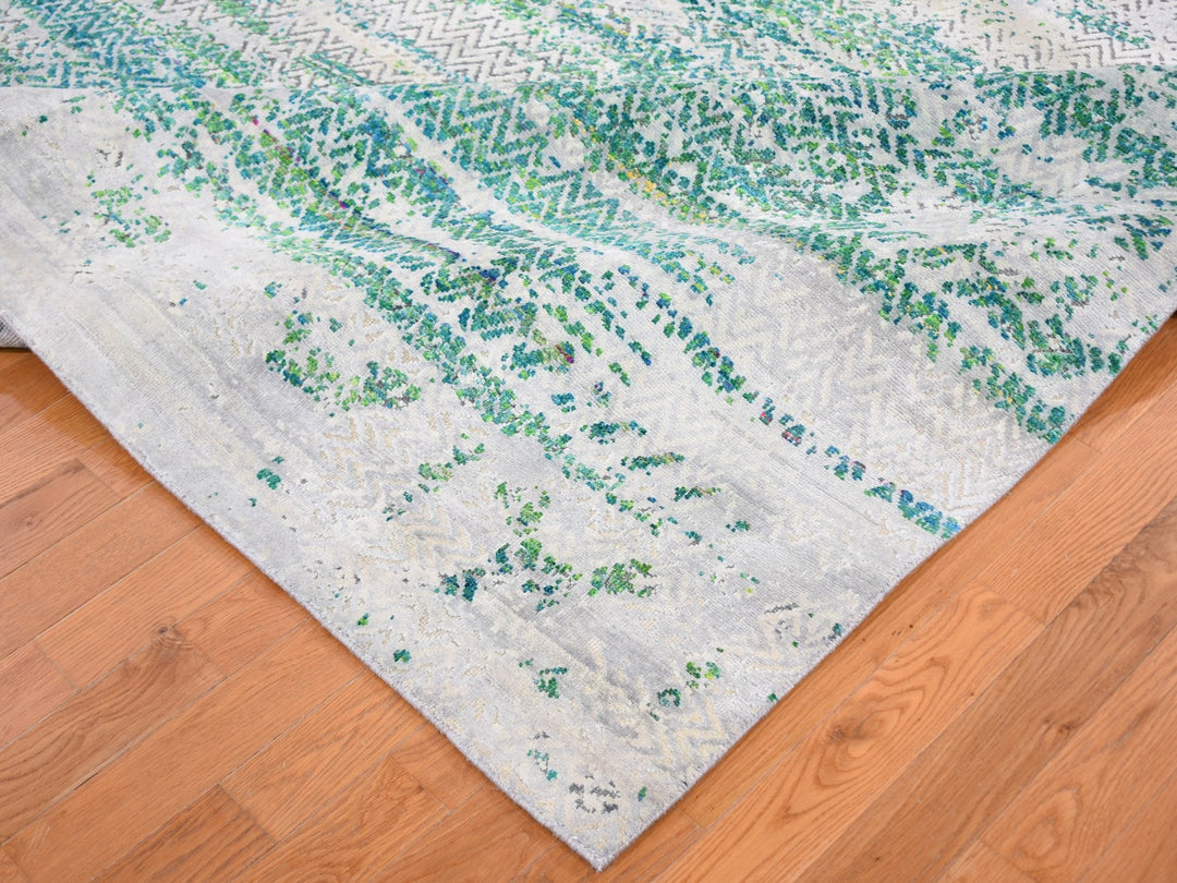8'10" x 12'0" New Hand Knotted Ivory Wool & Sari Silk Rectangle Oriental Rug - MOA10259224