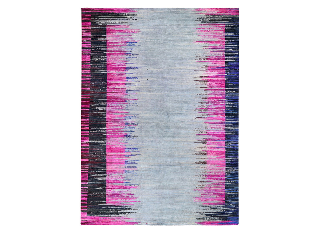 9'0" x 12'0" New Hand Knotted Grey Wool & Sari Silk Rectangle Oriental Rug - MOA10259229