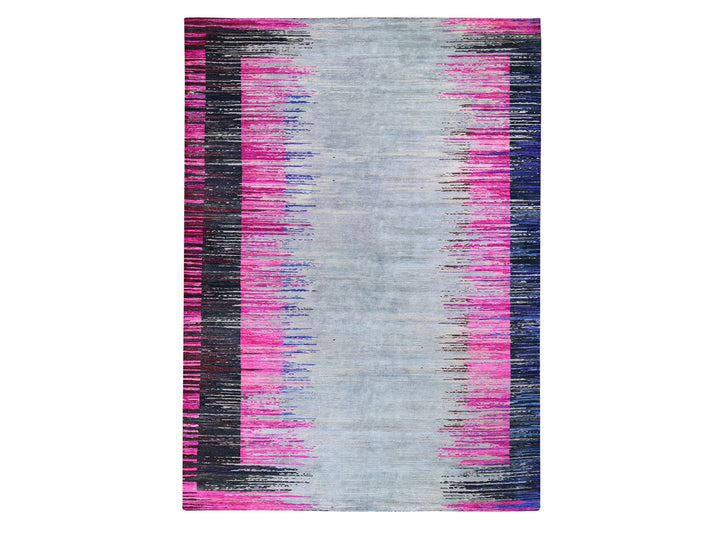9'0" x 12'0" New Hand Knotted Grey Wool & Sari Silk Rectangle Oriental Rug - MOA10259229