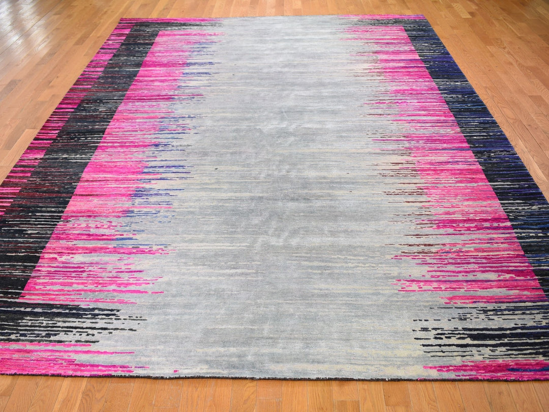 9'0" x 12'0" New Hand Knotted Grey Wool & Sari Silk Rectangle Oriental Rug - MOA10259229