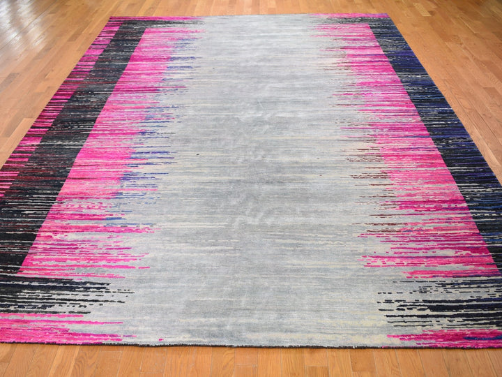 9'0" x 12'0" New Hand Knotted Grey Wool & Sari Silk Rectangle Oriental Rug - MOA10259229