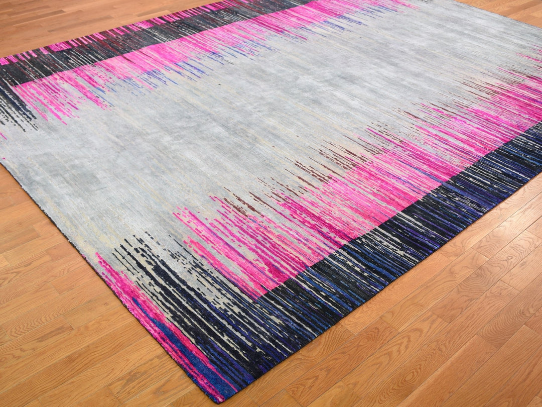 9'0" x 12'0" New Hand Knotted Grey Wool & Sari Silk Rectangle Oriental Rug - MOA10259229