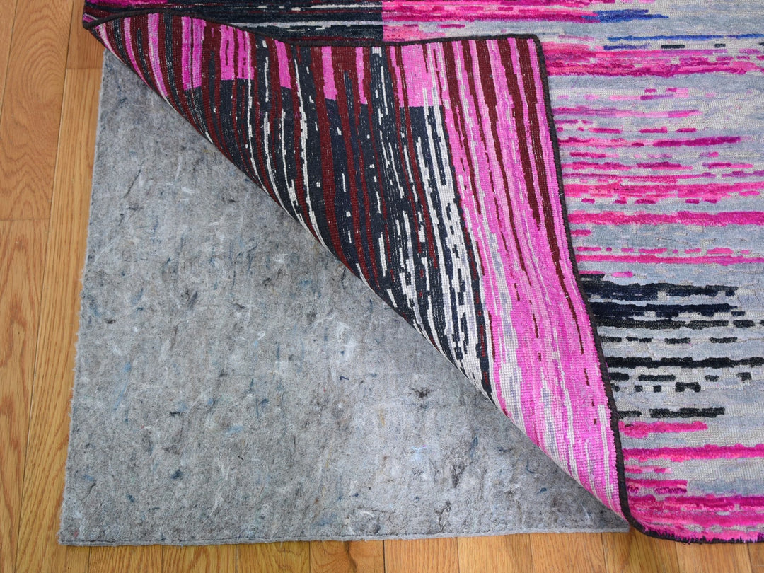 9'0" x 12'0" New Hand Knotted Grey Wool & Sari Silk Rectangle Oriental Rug - MOA10259229