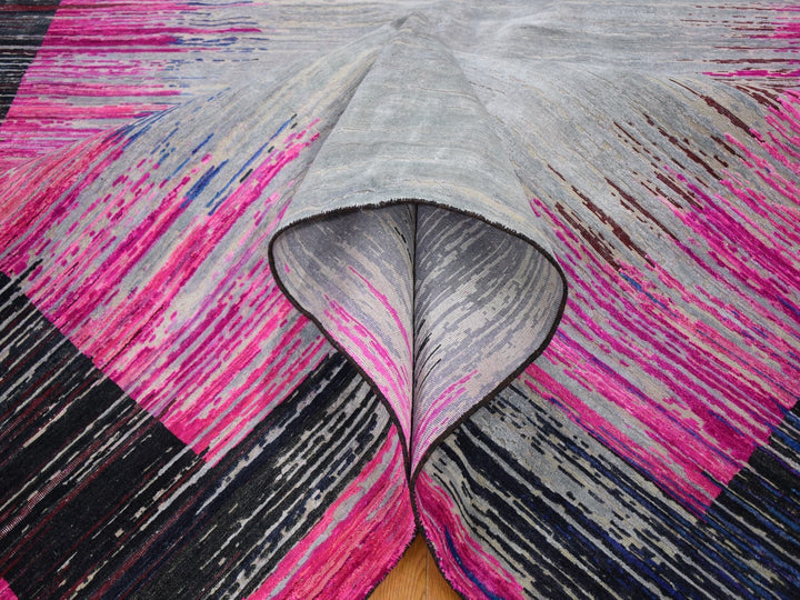 9'0" x 12'0" New Hand Knotted Grey Wool & Sari Silk Rectangle Oriental Rug - MOA10259229