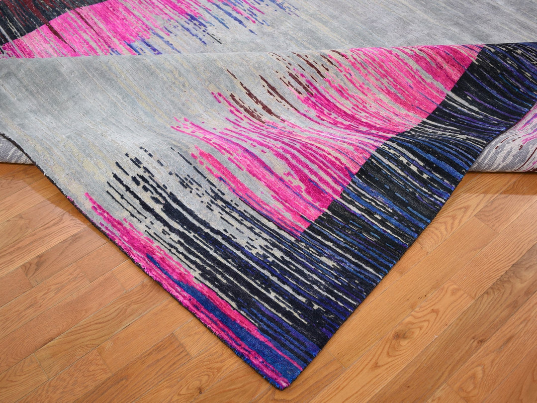 9'0" x 12'0" New Hand Knotted Grey Wool & Sari Silk Rectangle Oriental Rug - MOA10259229