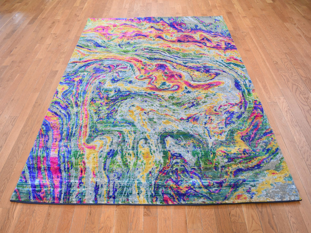 5'10" x 8'8" New Hand Knotted Yellow Wool & Silk Rectangle Oriental Rug - MOA10259232