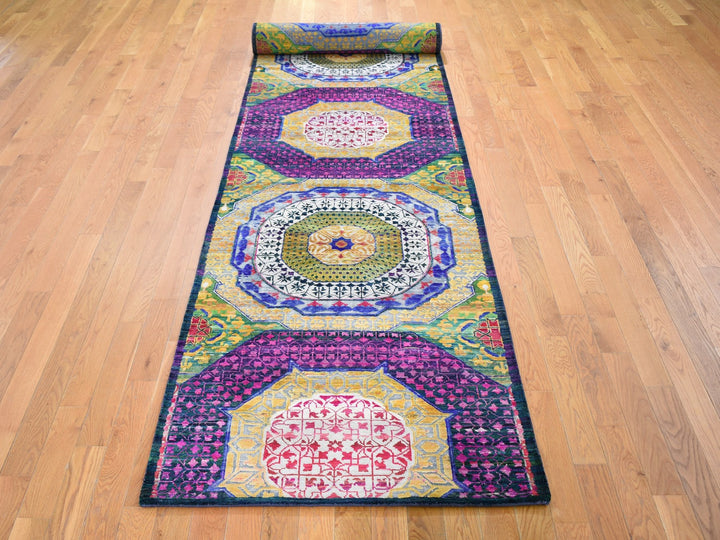 3'2" x 17'5" New Hand Knotted Yellow Silk Runner Oriental Rug - MOA10259235