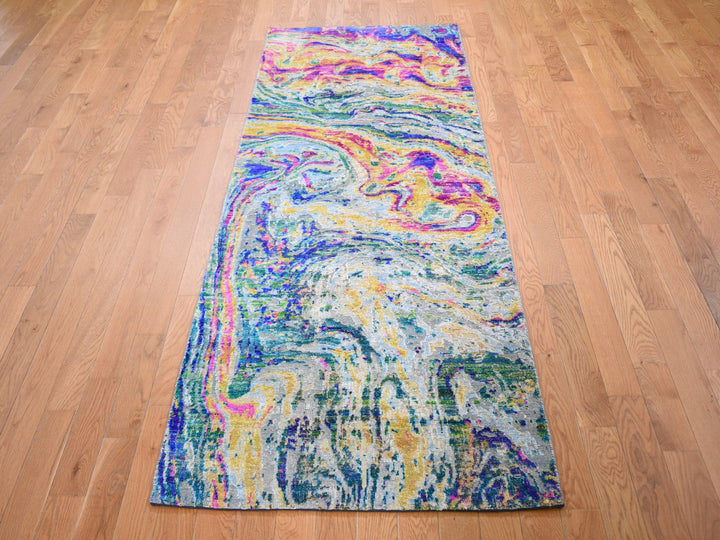2'10" x 8'2" New Hand Knotted Yellow Wool & Sari Silk Runner Oriental Rug - MOA10259239