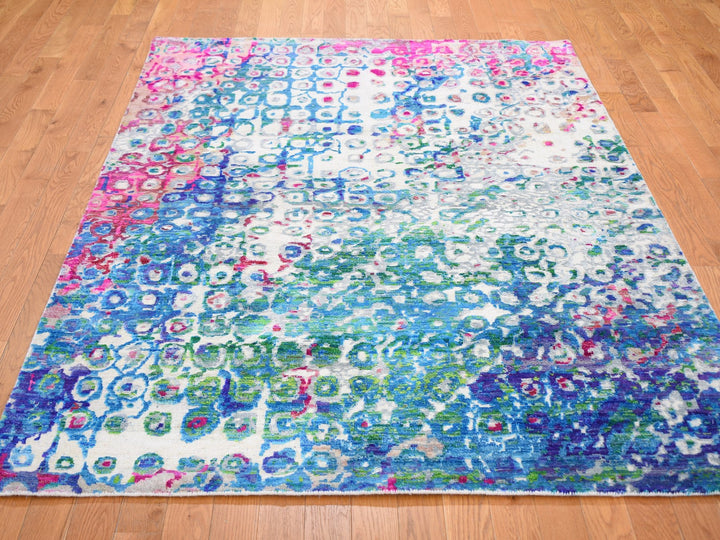 5'0" x 7'3" New Hand Knotted Blue Wool & Sari Silk Rectangle Oriental Rug - MOA10259244