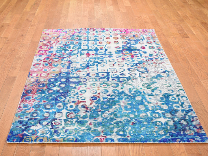 4'0" x 6'1" New Hand Knotted Blue Wool & Sari Silk Rectangle Oriental Rug - MOA10259245