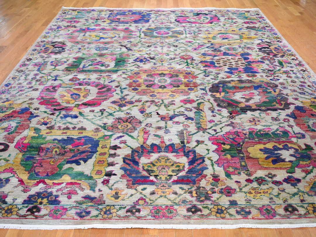 9'2" x 12'2" New Hand Knotted Grey Wool & Sari Silk Rectangle Oriental Rug - MOA10259246