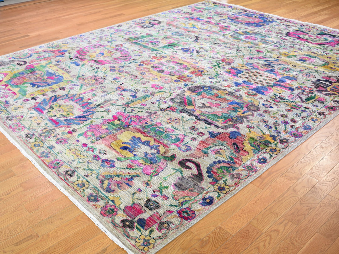 9'2" x 12'2" New Hand Knotted Grey Wool & Sari Silk Rectangle Oriental Rug - MOA10259246