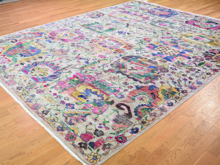 9'2" x 12'2" New Hand Knotted Grey Wool & Sari Silk Rectangle Oriental Rug - MOA10259246