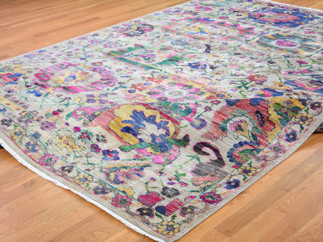 9'2" x 12'2" New Hand Knotted Grey Wool & Sari Silk Rectangle Oriental Rug - MOA10259246