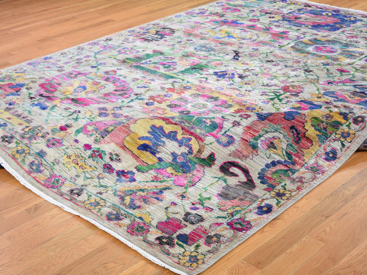 9'2" x 12'2" New Hand Knotted Grey Wool & Sari Silk Rectangle Oriental Rug - MOA10259246