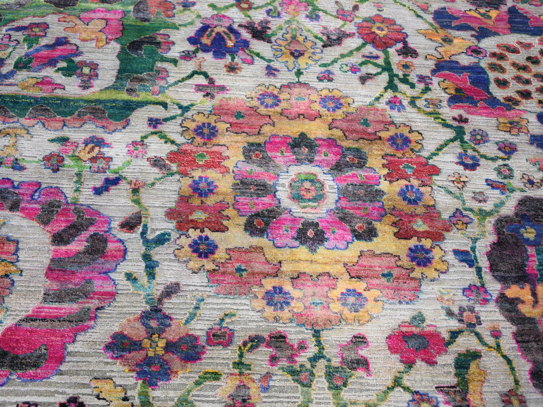 9'2" x 12'2" New Hand Knotted Grey Wool & Sari Silk Rectangle Oriental Rug - MOA10259246