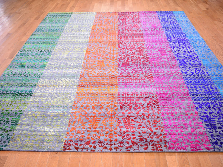 9'0" x 12'1" New Hand Knotted Pink Wool & Sari Silk Rectangle Oriental Rug - MOA10259250