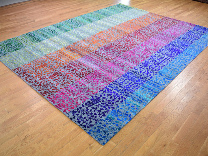 9'0" x 12'1" New Hand Knotted Pink Wool & Sari Silk Rectangle Oriental Rug - MOA10259250