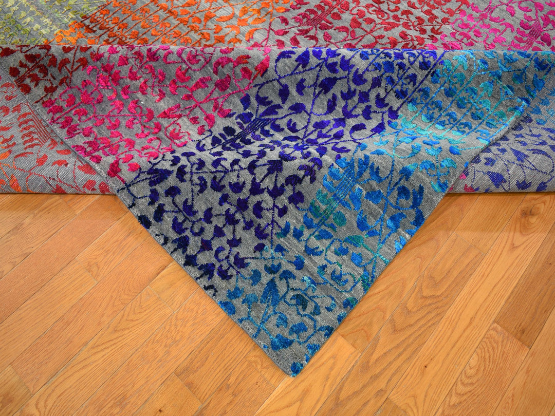 9'0" x 12'1" New Hand Knotted Pink Wool & Sari Silk Rectangle Oriental Rug - MOA10259250