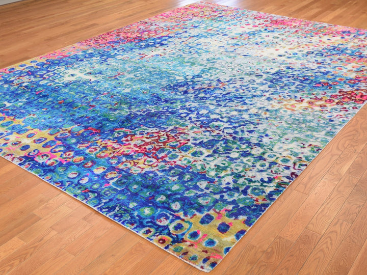 9'0" x 12'0" New Hand Knotted Blue Wool & Sari Silk Rectangle Oriental Rug - MOA10259252