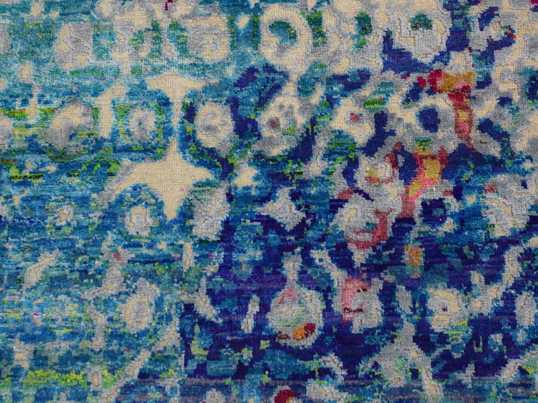 9'0" x 12'0" New Hand Knotted Blue Wool & Sari Silk Rectangle Oriental Rug - MOA10259252