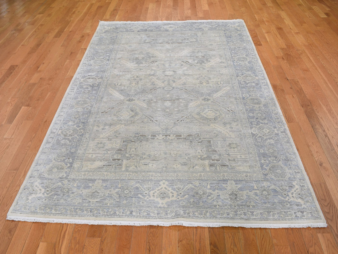 6'0" x 9'5" New Hand Knotted Ivory Wool & Silk Rectangle Oriental Rug - MOA10259254