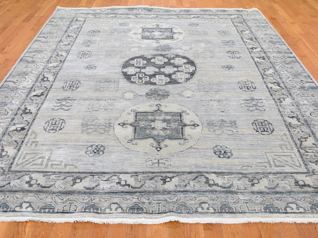 7'9" x 9'10" New Hand Knotted Grey Wool & Silk Rectangle Oriental Rug - MOA10259261