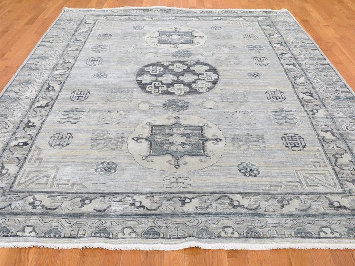 7'9" x 9'10" New Hand Knotted Grey Wool & Silk Rectangle Oriental Rug - MOA10259261