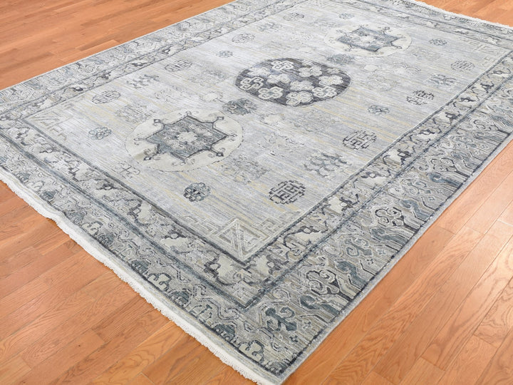 7'9" x 9'10" New Hand Knotted Grey Wool & Silk Rectangle Oriental Rug - MOA10259261