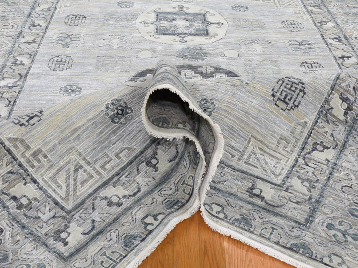 7'9" x 9'10" New Hand Knotted Grey Wool & Silk Rectangle Oriental Rug - MOA10259261