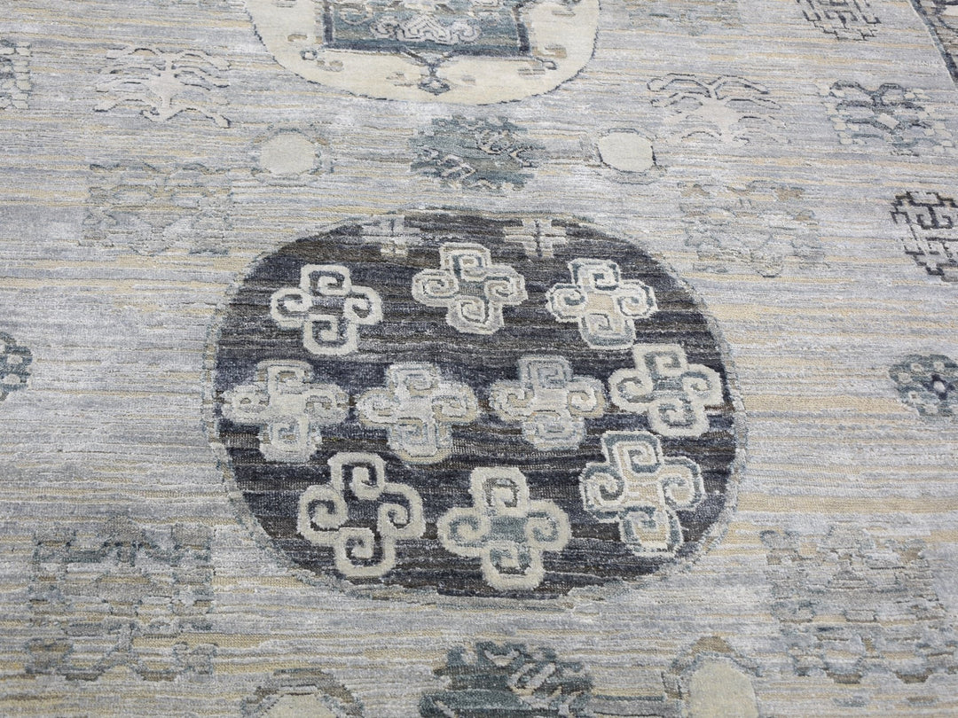 7'9" x 9'10" New Hand Knotted Grey Wool & Silk Rectangle Oriental Rug - MOA10259261