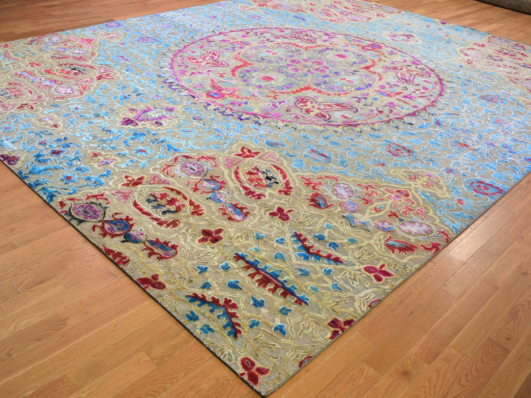 11'10" x 15'0" New Hand Knotted Grey Wool & Sari Silk Rectangle Oriental Rug - MOA10259264